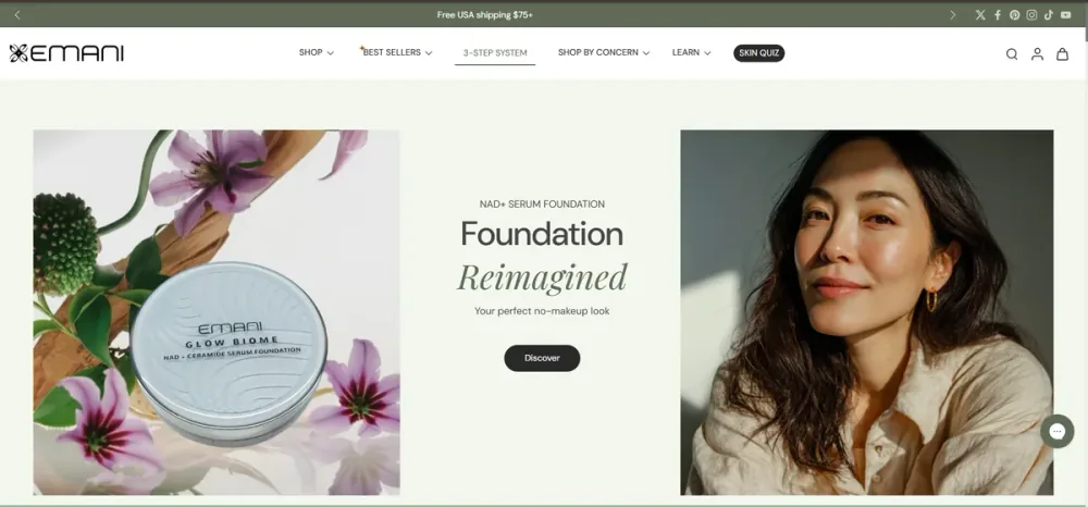 Emani Cosmetics clean-beauty Shopify Plus storefront with product grid, subscription bundling, and editorial photography — $2M MRR brand built by Digital Heroes Shopify Plus agency